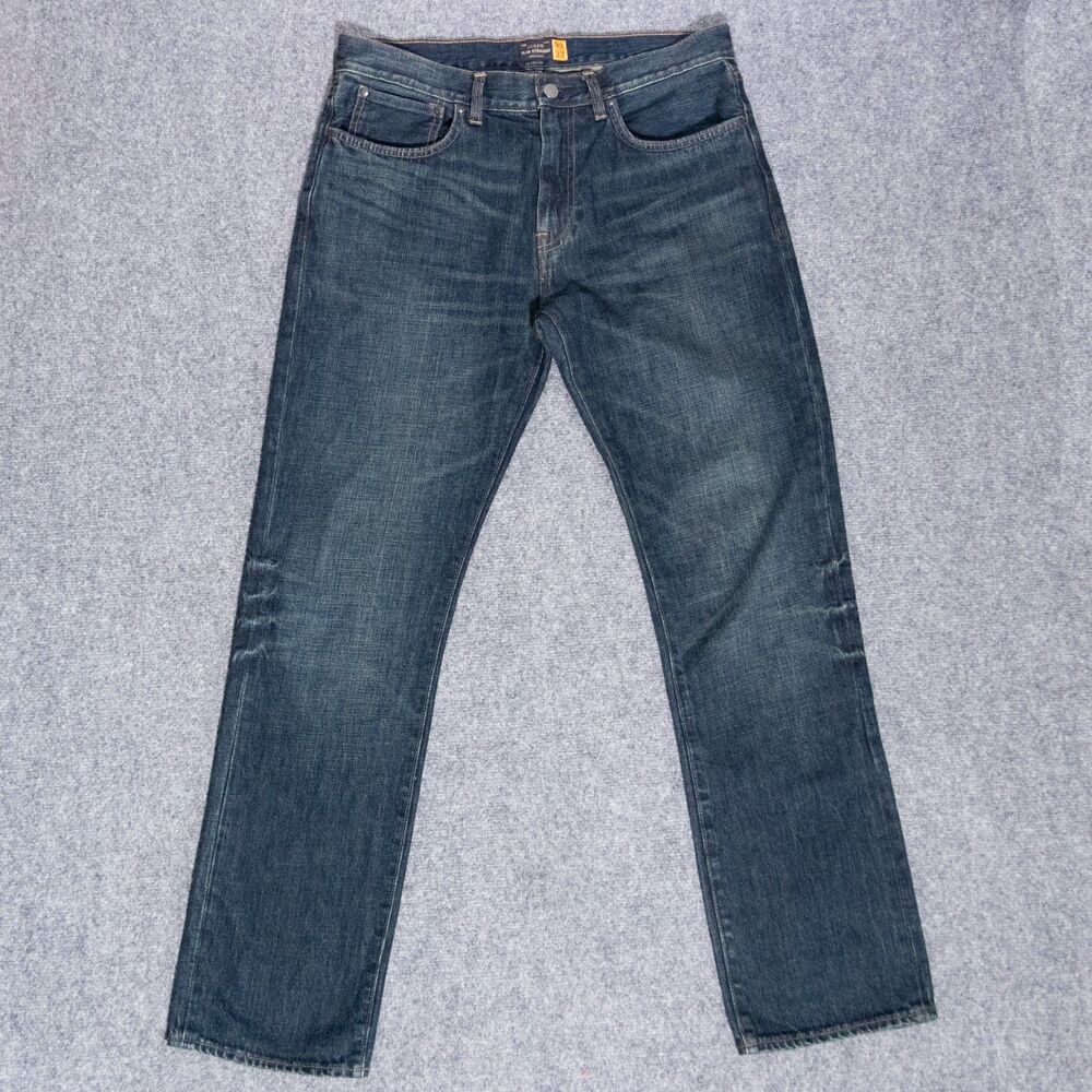 J Crew Slim Straight Jeans Dark Wash Indigo Blue Denim Men's 33x32 Whiskered